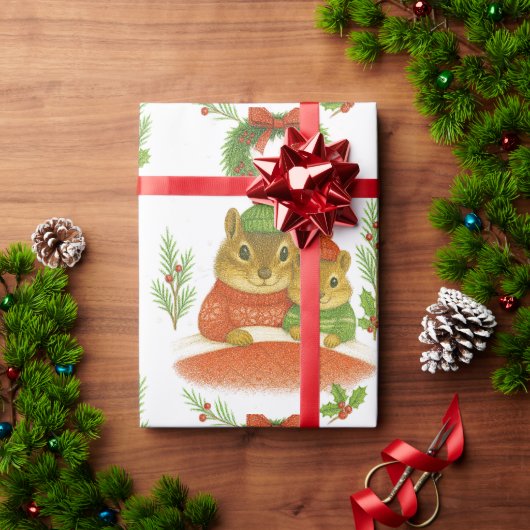 シカシマリスと松の木 ラッピングペーパー (クリスマスギフト)