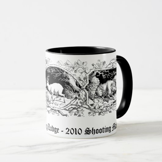 シカ及び雄豚が付いている旧式のハンターのマグ マグカップ (正面右)