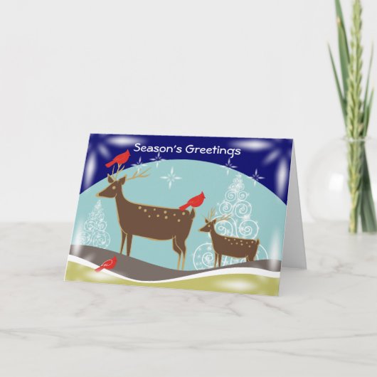 シカ、クリスマスツリーおよび（鳥）ショウジョウコウカンチョウの挨拶状 シーズンカード (正面)