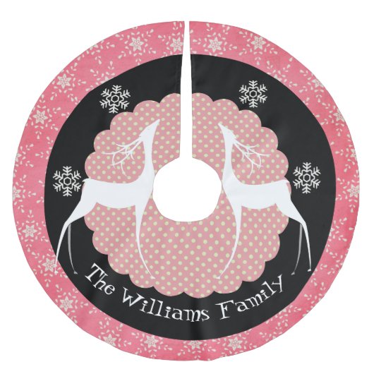 シカ、点および雪片のパーソナライズな木のスカート ブラッシュドポリエステルツリースカート (正面)