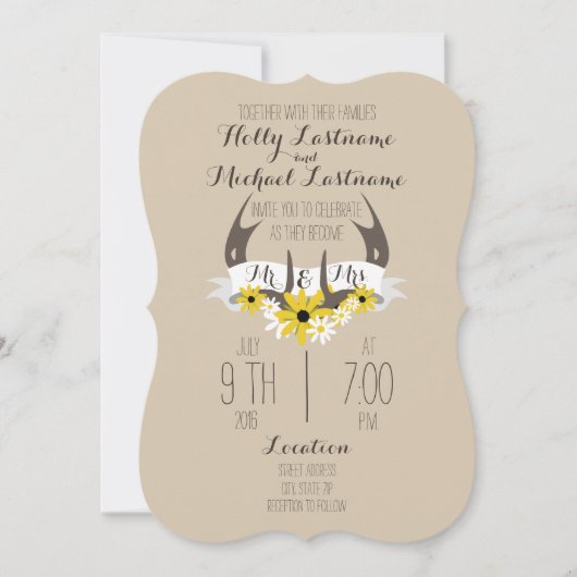 シカ〔雄ジカの〕枝角+ワイルドフラワーズ結婚式招待状 招待状 (正面)