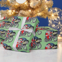 シガーをくわえたバイクに乗るサンタのクリスマス ラッピングペーパー