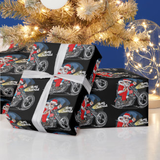シガーをくわえたバイクに乗るサンタのクリスマス ラッピングペーパー