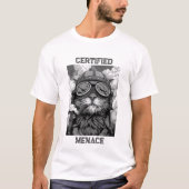 シガーを吸う猫のパイロット 白黒 Tシャツ (正面)