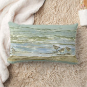 シギは海の青緑の鳥の水彩画を浜に引き上げます ランバークッション (ブランケット)