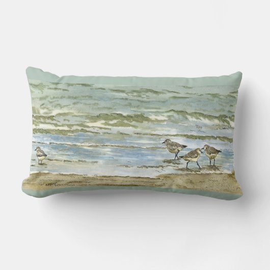 シギは海の青緑の鳥の水彩画を浜に引き上げます ランバークッション (正面)