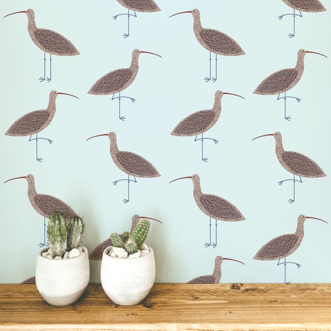 シギチドリ 海岸パターン 壁紙 (Curlew coastal bird pale blue art peel and stick wallpaper)