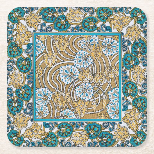 シクラメンブルーアールヌーボー花壁紙 スクエアペーパーコースター (正面)