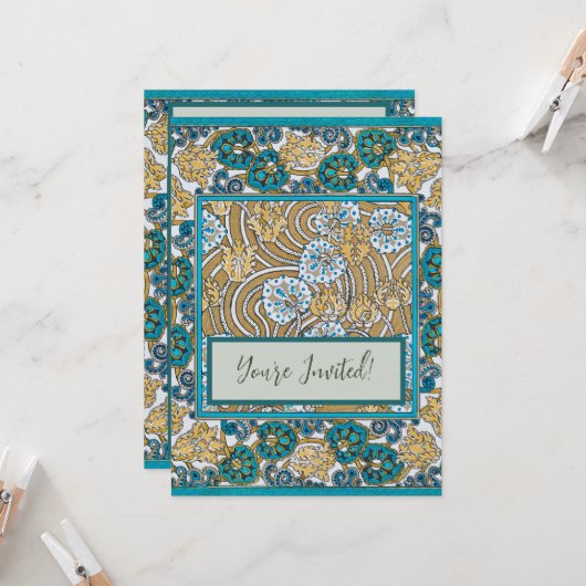 シクラメンブルーアールヌーボー花壁紙 招待状 (正面/裏面インサイチュ)