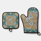 シクラメンブルーアールヌーボー花壁紙 鍋つかみ&鍋敷きセット (正面)