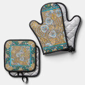 シクラメンブルーアールヌーボー花壁紙 鍋つかみ&鍋敷きセット (正面/裏面)