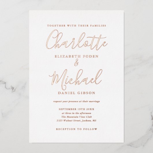 シグネチエレガントャ・スクリプ結婚トのバラ・ゴールド・フォイル 箔招待状 (正面)