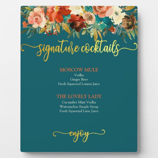 シグネチャーカクテルサイン – ティール（緑がかった色）&オレンジフローラ フォトプラーク (正面)