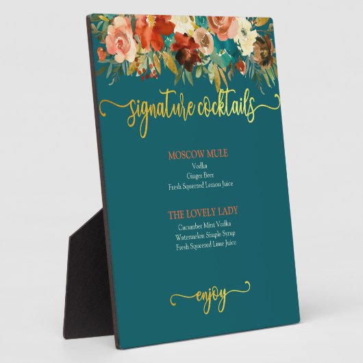 シグネチャーカクテルサイン – ティール（緑がかった色）&オレンジフローラ フォトプラーク (側面)