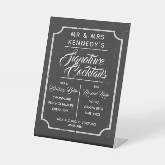 シグネチャーカクテルチョーク結婚ボードのドリンク 台座サイン (正面)