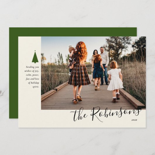 シグネチャーグリーンツリー独身のフォトホリデーカード シーズンカード (正面/裏面)