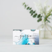 シグネチャースクリプトウォーターカラーブルーシルバーマーブル 名刺 (スタンド正面)