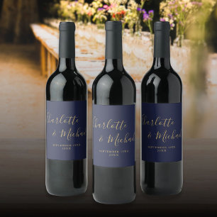 シグネチャースクリプトエレガントネイビーブルー金ゴールド結婚ズ ワインラベル