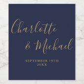 シグネチャースクリプトエレガントネイビーブルー金ゴールド結婚ズ ワインラベル (シングルラベル)