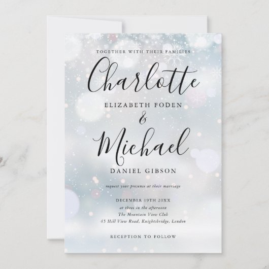 シグネチャースクリプトスノーフレーク冬の結婚式の写真 招待状 (正面)
