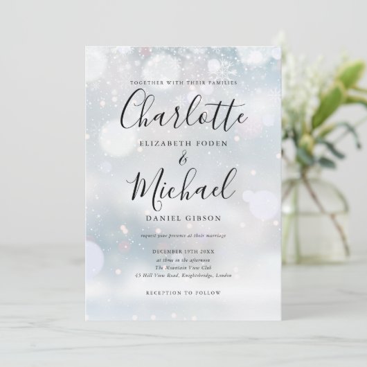 シグネチャースクリプトスノーフレーク冬の結婚式 招待状 (スタンド正面)