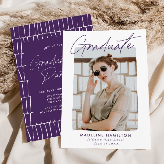 シグネチャースクリプトパープル写真 卒業パーティー 招待状