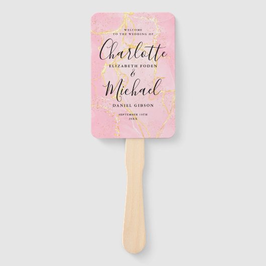 シグネチャースクリプトピンク金ゴールド大理石結婚式 プログラム ハンドファン (正面)