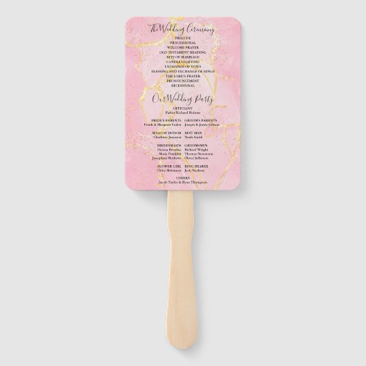 シグネチャースクリプトピンク金ゴールド大理石結婚式 プログラム ハンドファン (裏面)