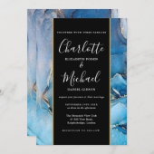 シグネチャースクリプトブラックと金ゴールドブルーアゲート結婚ズ 招待状 (正面/裏面)