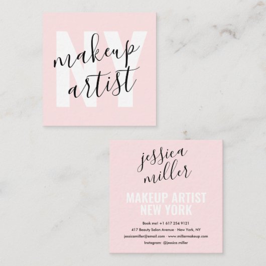 シグネチャースクリプトモダンライトピンクのメイクアーティスト スクエア名刺 (正面/裏面)