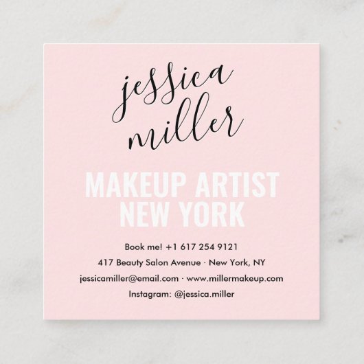 シグネチャースクリプトモダンライトピンクのメイクアーティスト スクエア名刺 (裏面)