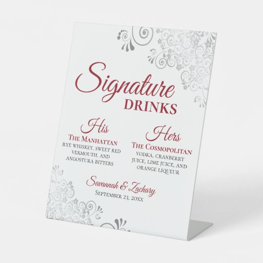 シグネチャードリンクエレガントレッド&シルバー結婚ズ 台座サイン (正面)