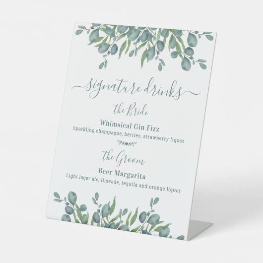 シグネチャードリンクパーソナライズされたユーカリ結婚ドリンク 台座サイン (正面)