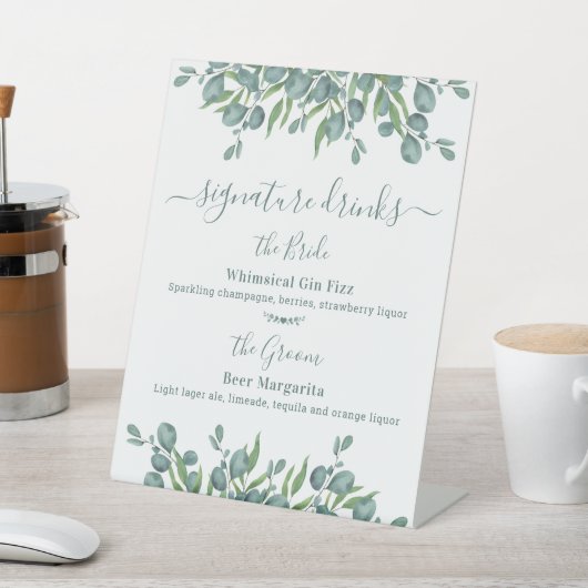 シグネチャードリンクパーソナライズされたユーカリ結婚ドリンク 台座サイン (インサイチュ)
