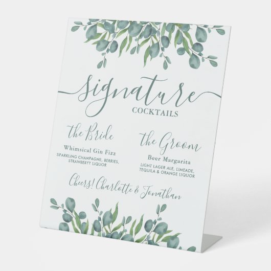 シグネチャードリンクユーカリパーソナライズされた結婚ズ 台座サイン (正面)