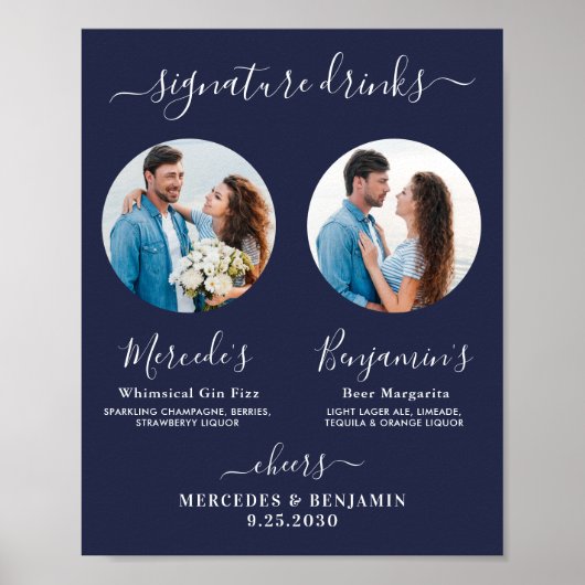 シグネチャードリンク カスタムフォト ネイビーブルー ウェディング ポスター (正面)