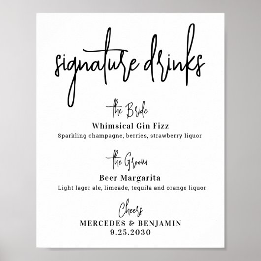 シグネチャードリンク モダンカリグラフィー ウェディング バー ポスター (正面)