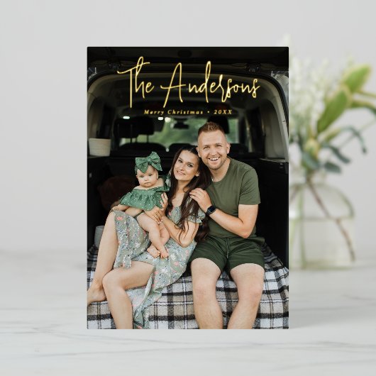 シグネチャーモダンスクリームアンドオリーブ写真 箔シーズンカード (立ち正面)