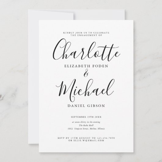 シグネチャーモダン白黒婚約パーティ 招待状 (正面)