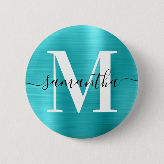 シグネチャーモノグラムターコイズブルーきらめくフォイル 缶バッジ (正面)