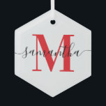 シグネモダングネチャー赤モノグラム ガラスオーナメント<br><div class="desc">自分パーソナライズされたのクリスマスツリーモノグラムのオーナメントを作成する文字を追加。ガラス六角オーナメント。モノグラムは赤スタイリッシュい大文字である。しっぽを使ってサイン書の色を変えることができる。</div>