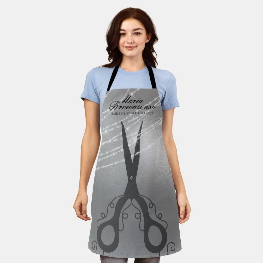 シザースカット美容師グリッター銀理容師 エプロン (着用した状態)