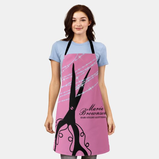 シザースワール切断美容師グリッターピンク エプロン (着用した状態)