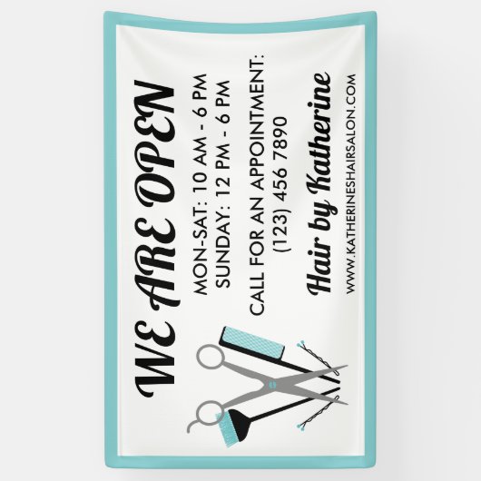 シザー&コームティール（緑がかった色）美容師オープン 横断幕 (縦)