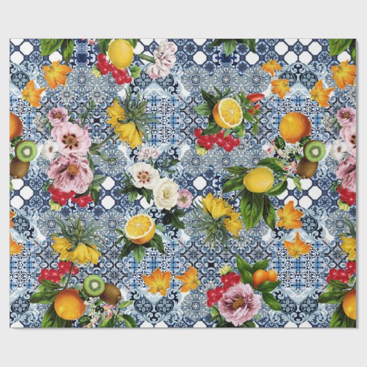 シシリアのレモンと花のヴィンテージタイル模様 ラッピングペーパー (フラット)