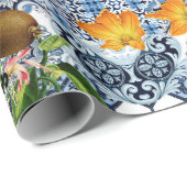シシリアのレモンと花のヴィンテージタイル模様 ラッピングペーパー (ロールコーナー)