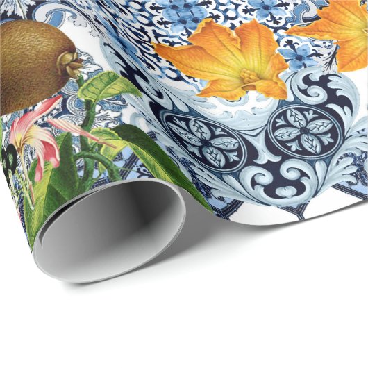 シシリアのレモンと花のヴィンテージタイル模様 ラッピングペーパー (ロールコーナー)