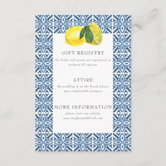 シシリアンブルー地中海のタイルレモンズ結婚ーズ エンクロージャーカード (正面)