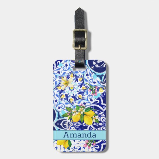 シシリアンブルー地中海の柑橘系タイル ラゲッジタグ (正面縦)