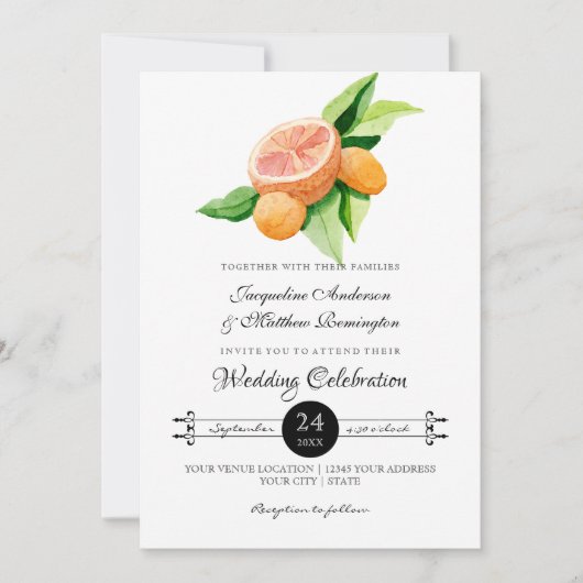 シシンプルトラスクンコートレモンオレンジタイポグラフィリーフ 招待状 (正面)